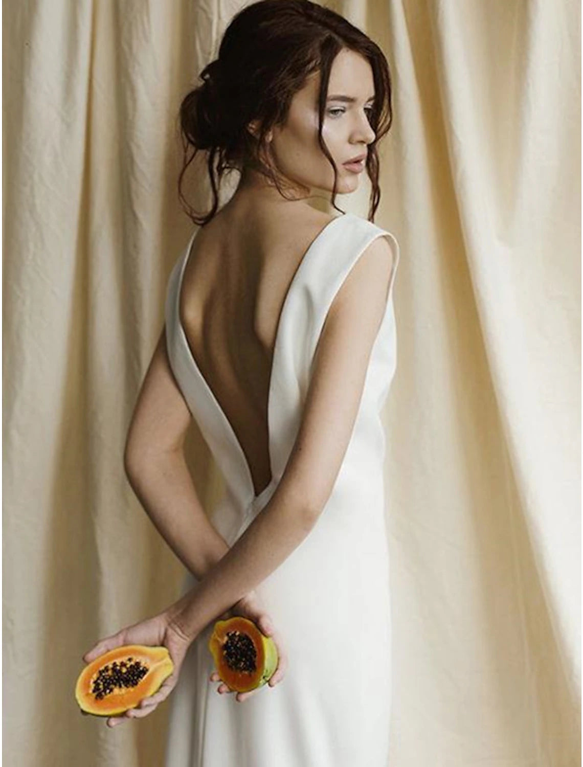 Reception Open Back Simple Wedding Dresses Sheath / Column Scoop Neck Sleeveless Sweep / Brush Train Satin Bridal Gowns With Solid Color Summer Wedding Party