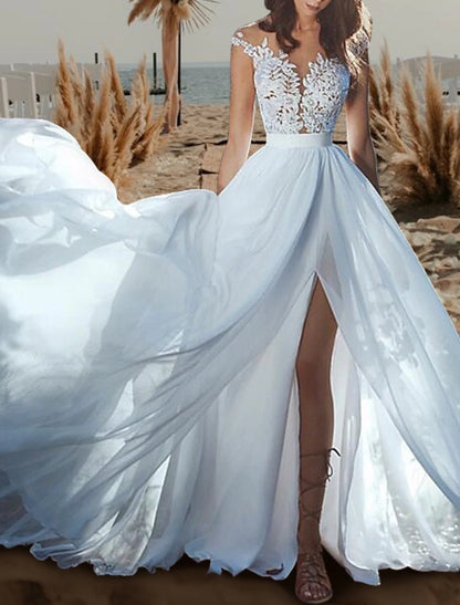 Beach Open Back Wedding Dresses A-Line Illusion Neck Cap Sleeve Court Train Chiffon Bridal Gowns With Pleats Split Front