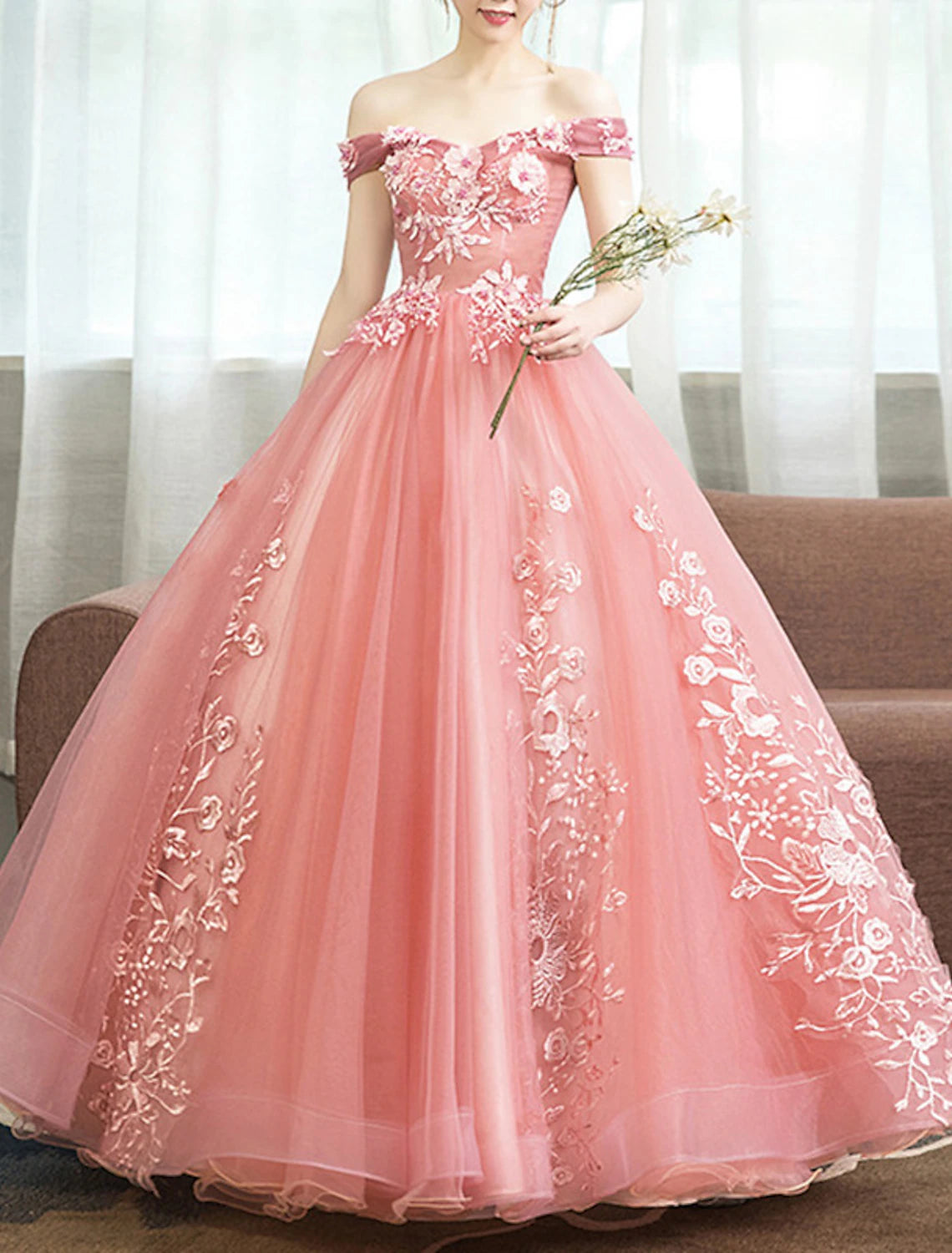 Ball Gown Quinceanera Dresses Princess Dress Floor Length Sleeveless Off Shoulder Polyester with Appliques