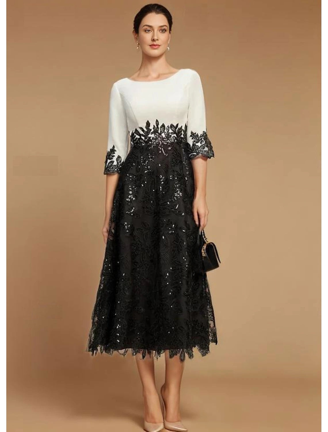 A-Line Vintage Jewel Neck Wedding Guest Party Dress  Tea Length Lace Half Sleeve Lace Mother of the Bride Dress