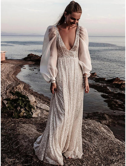 Beach Open Back Boho Wedding Dresses A-Line V Neck Long Sleeve Sweep / Brush Train Sequined Bridal Gowns With Pleats