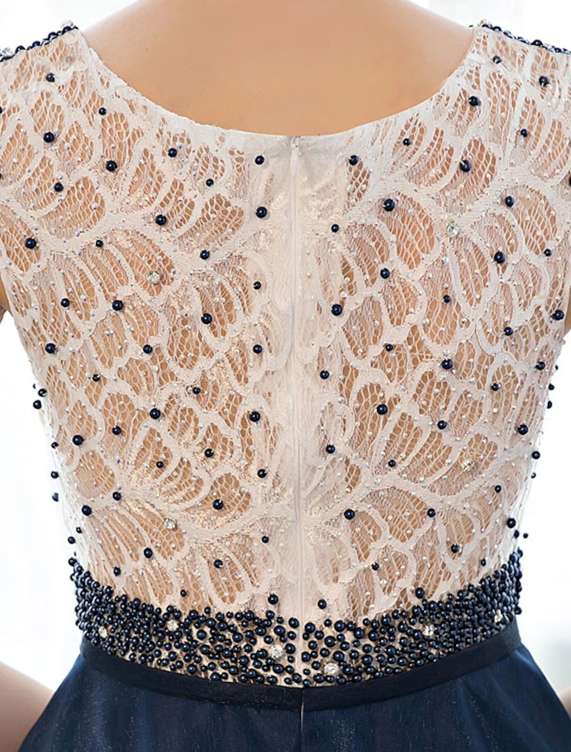 A-Line Elegant Dress Wedding Guest Prom Floor Length Sleeveless Illusion Neck Tulle Over Lace with Beading