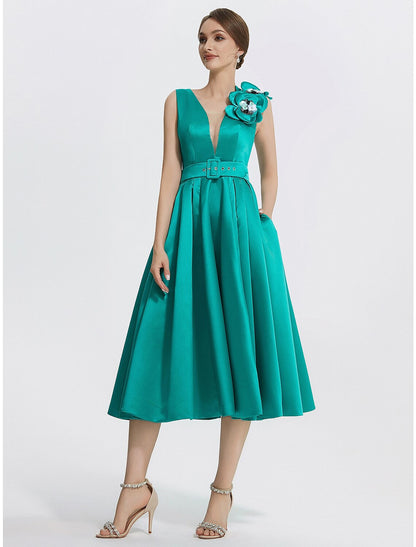 A-Line Cocktail Dresses Elegant Dress Formal Tea Length Sleeveless V Neck Satin with Appliques