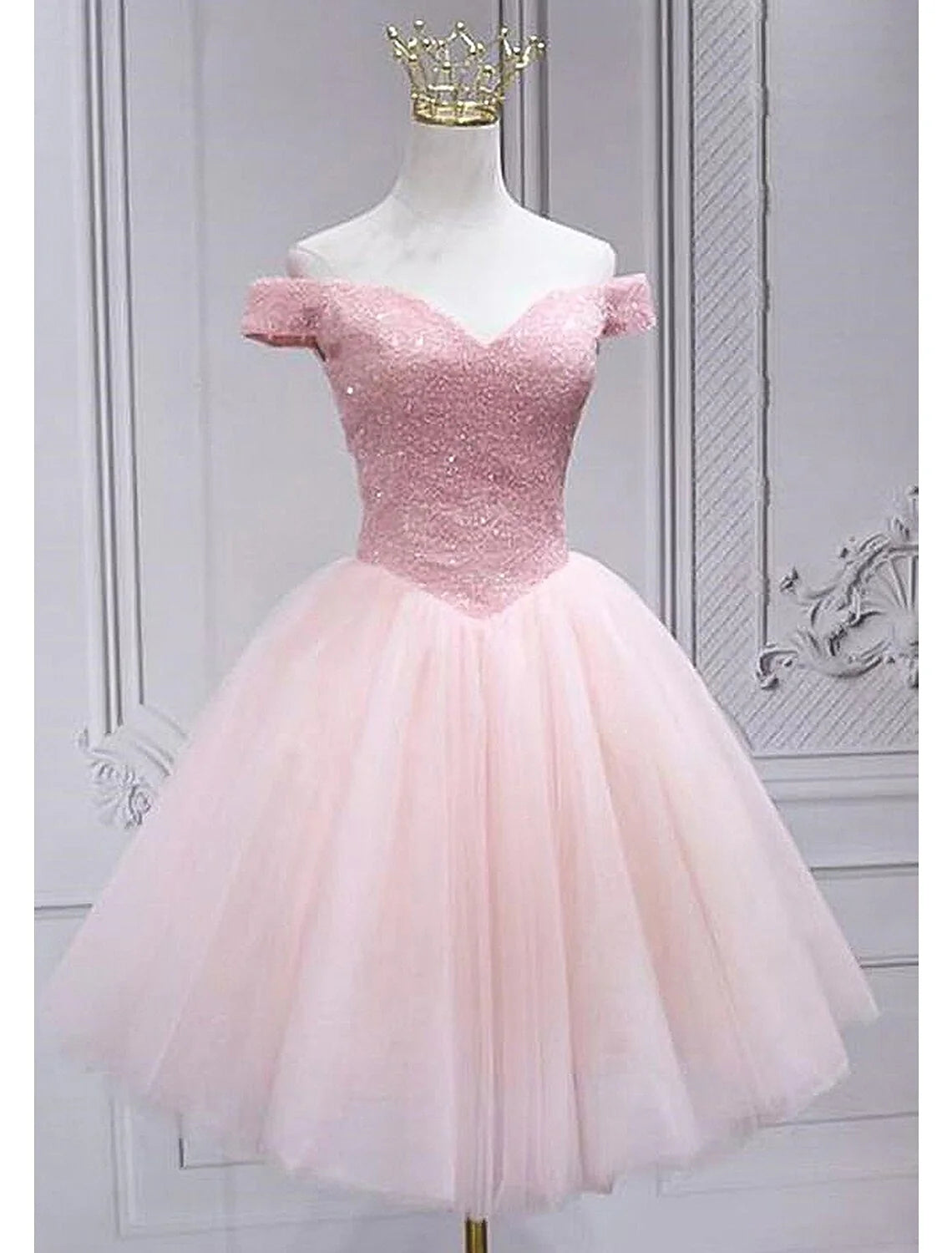 A-Line Homecoming Dresses Sparkle & Shine Dress Party Wear Knee Length Sleeveless Off Shoulder Pink Dress Tulle with Sequin