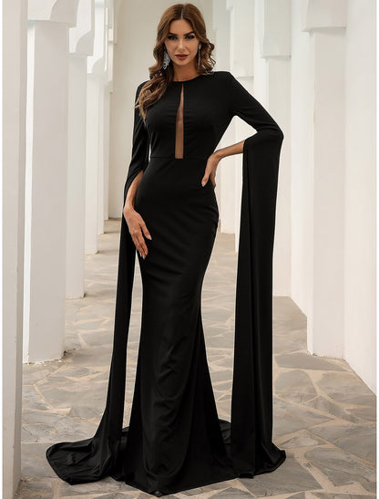 Black Mermaid / Trumpet Evening Gown Elegant Dress Formal Fall Court Train Long Sleeve Jewel Neck Stretch Fabric with Pleats