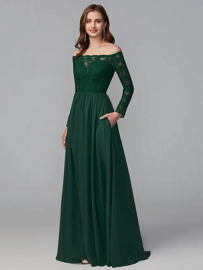 A-Line Bridesmaid Dress Off Shoulder Long Sleeve Elegant Floor Length Chiffon Lace with Lace