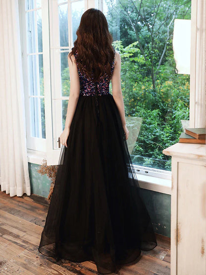 A-Line Glittering Minimalist Wedding Guest Prom Dress V Neck Sleeveless Floor Length Sequined with Sequin