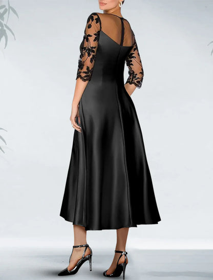 A-Line Cocktail Black Dress Plus Size Appliques Elegant Dress Fall Wedding Guest Dress For Mother Knee Length 3/4 Length Sleeve Off Shoulder Pocket Satin with Pocket