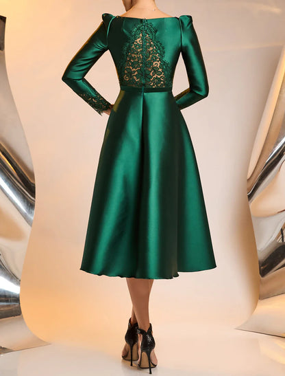 A-Line Cocktail Dresses Party Dresses Elegant Dress Wedding Guest Tea Length Long Sleeve Jewel Neck Satin with Appliques