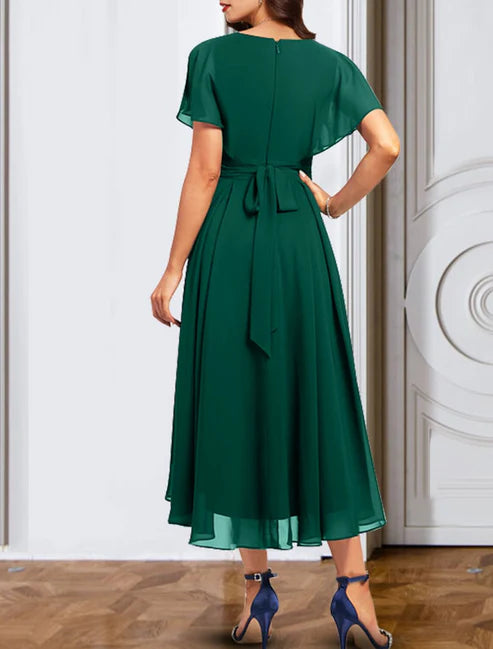 A-Line Cocktail Dresses Empire Dress Party Wear Wedding Guest Ankle Length Short Sleeve V Neck Fall Wedding Guest Chiffon with Pure Color Strappy