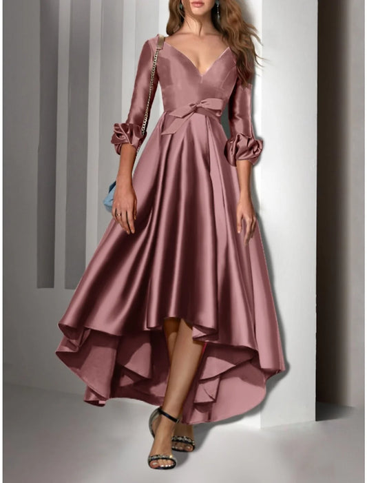 A-Line Cocktail Dresses Party Dress Wedding Guest Birthday Ankle-Length Asymmetrical 3/4 Length Sleeve V Neck Satin with Bow(s) Pleats