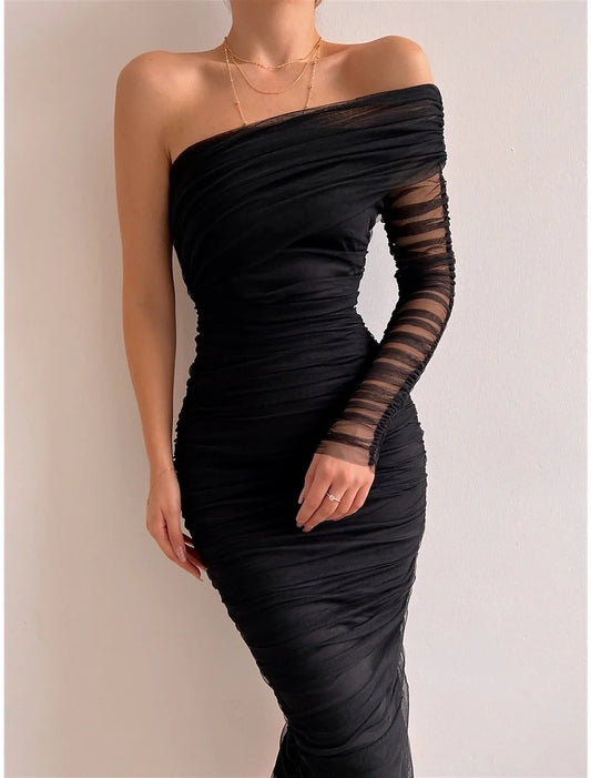 Sheath & Sexy Cocktail Dress Party Dress Wedding Guest Dress Bodycon Midi Dress Long Sleeve Ruched Spring Fall Winter One Shoulder Party Birthday Evening Party Wedding Guest Slim