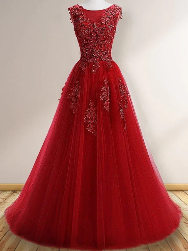 A-Line Prom Dresses Elegant Dress Wedding Guest Sweep / Brush Train Sleeveless Jewel Neck Tulle with Appliques