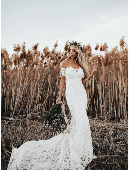 Beach Boho Wedding Dresses Mermaid / Trumpet Off Shoulder Cap Sleeve Chapel Train Lace Bridal Gowns With Appliques Solid Color