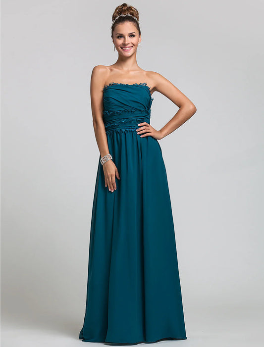 Column Strapless Floor Length Chiffon Bridesmaid Dress with Side Draping / Ruffles