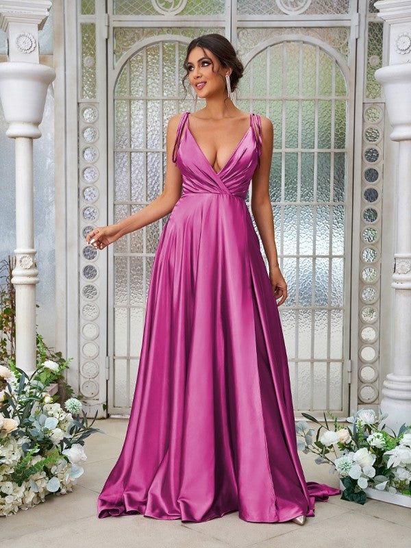 A-Line/Princess Silk like Satin Ruffles V-neck Sleeveless Sweep/Brush Train Bridesmaid Dresses