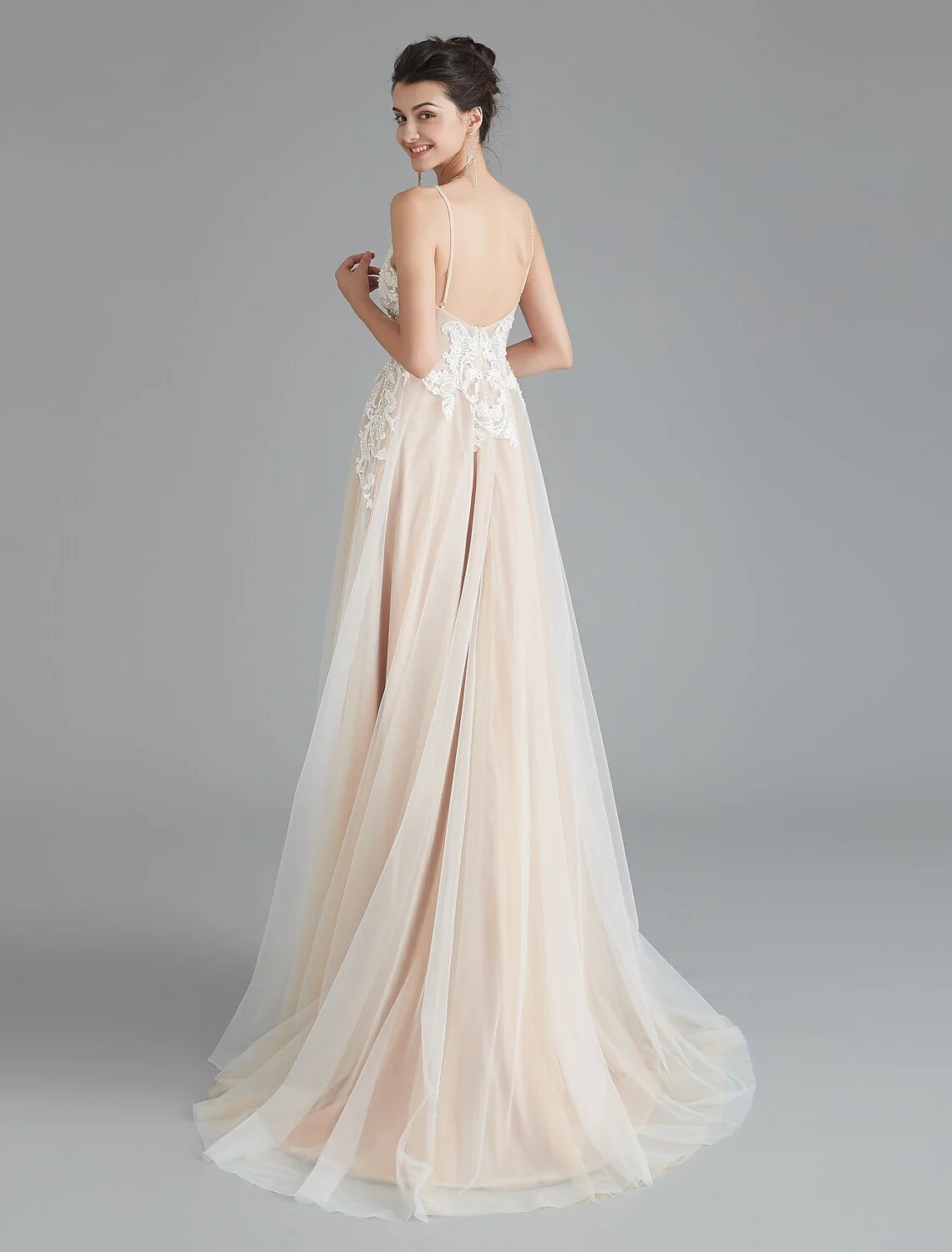 A-Line Prom Dresses Beautiful Back Dress Wedding Guest Sweep / Brush Train Sleeveless V Neck Lace with Beading