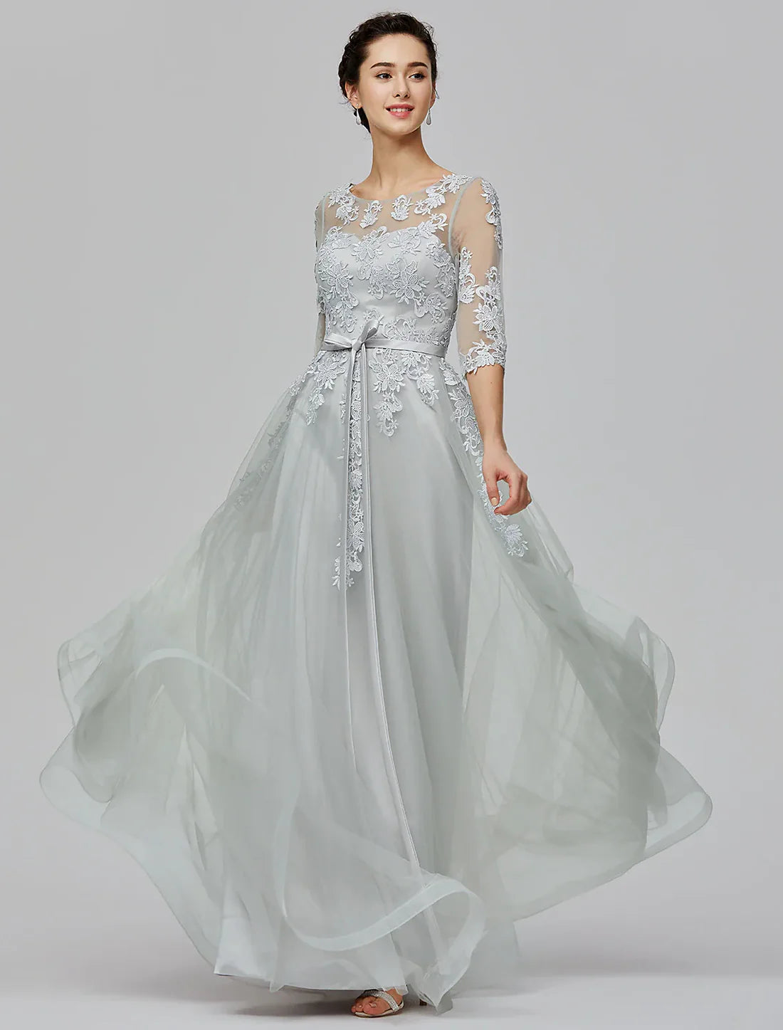 A-Line Evening Dress Wedding Guest Prom Floor Length Half Sleeve Illusion Neck Tulle with Bow(s) Appliques