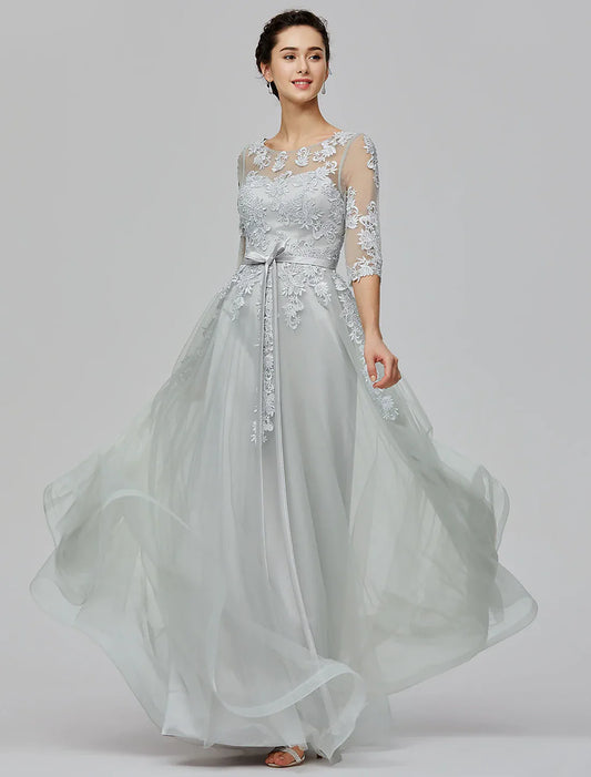 A-Line Evening Dress Wedding Guest Prom Floor Length Half Sleeve Illusion Neck Tulle with Bow(s) Appliques