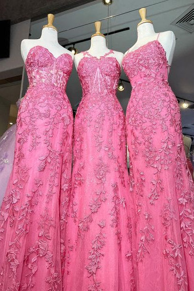 Sweep/Brush Train Dresses Red Hot Pink Lace Appliques Long Prom Formal Dress