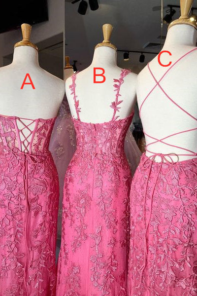 Sweep/Brush Train Dresses Red Hot Pink Lace Appliques Long Prom Formal Dress