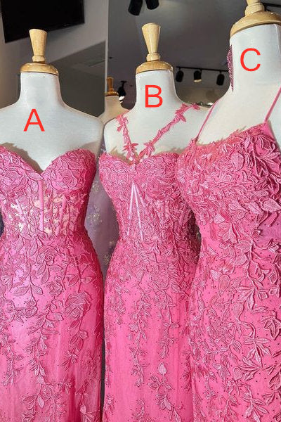 Sweep/Brush Train Dresses Red Hot Pink Lace Appliques Long Prom Formal Dress