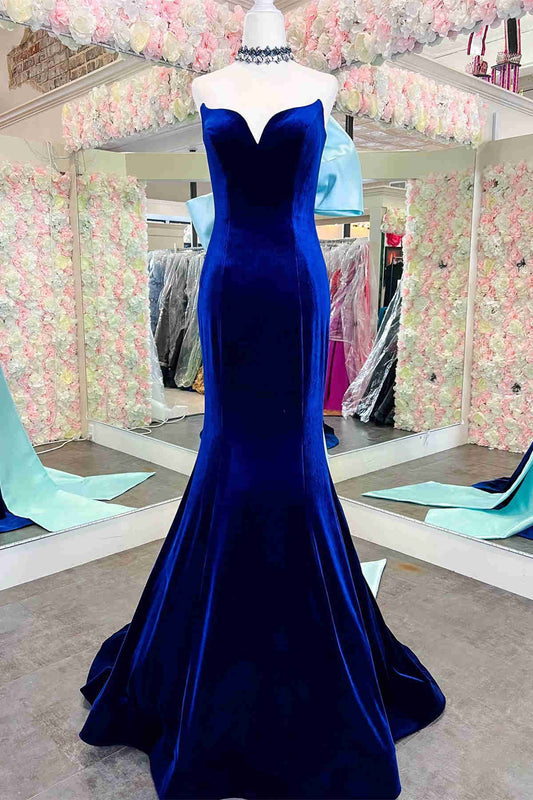 Sheath Mermaid Royal Blue  Sweep/Brush Train Dresses Velvet Prom Dress with Bow