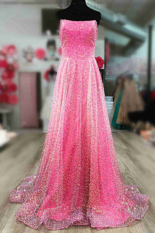 A-Line Strapless Hot Pink  Sweep/Brush Train Dresses Shine Sequins Long Prom Dress