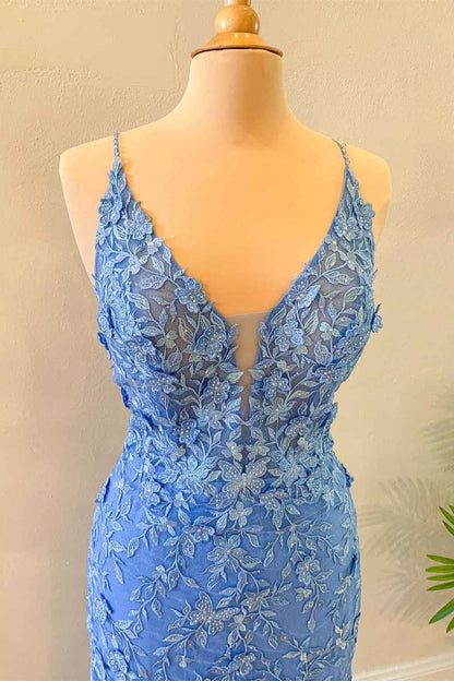 Sheath Mermaid Sky Blue  Sweep/Brush Train Dresses Tulle Long Formal Dress with Appliques