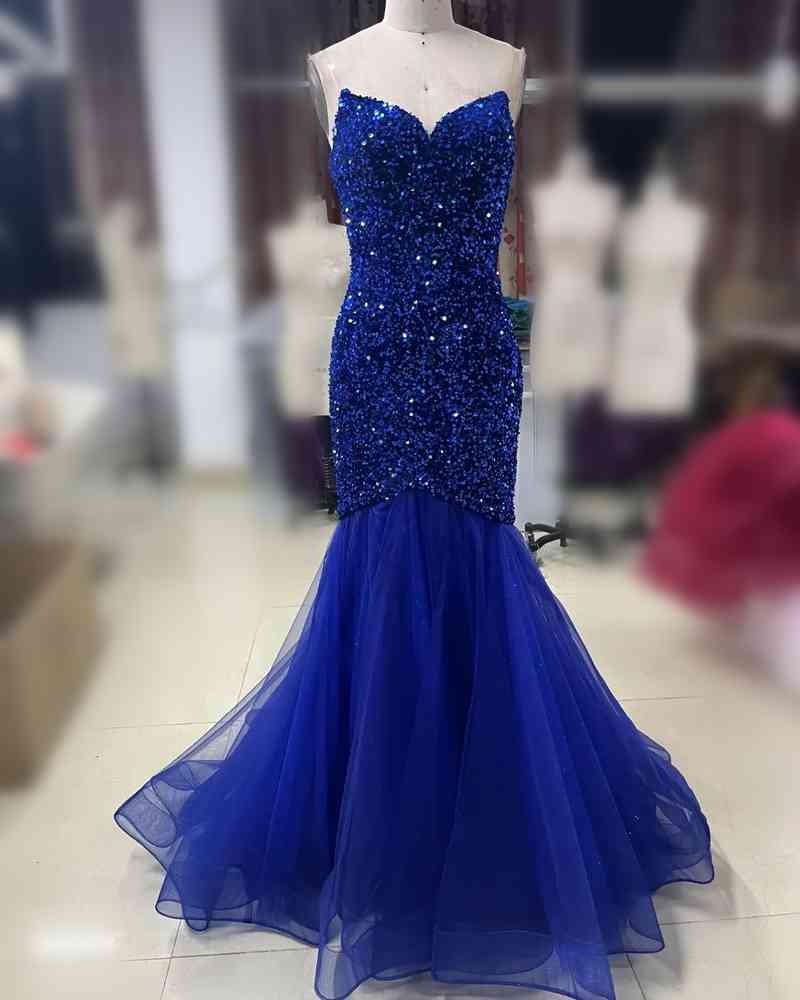 Sheath Strapless Royal Blue Glitters Long Mermaid Prom Dress With Sequins