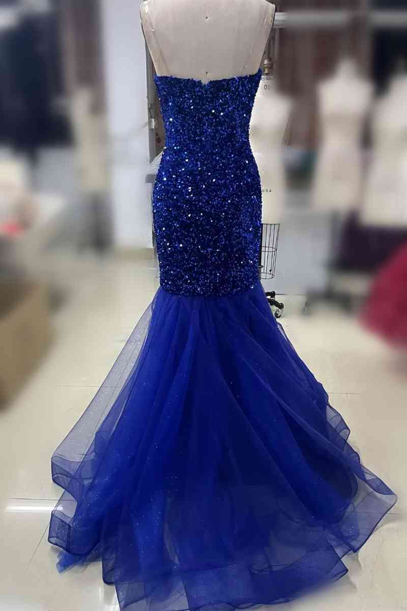Sheath Strapless Royal Blue Glitters Long Mermaid Prom Dress With Sequins