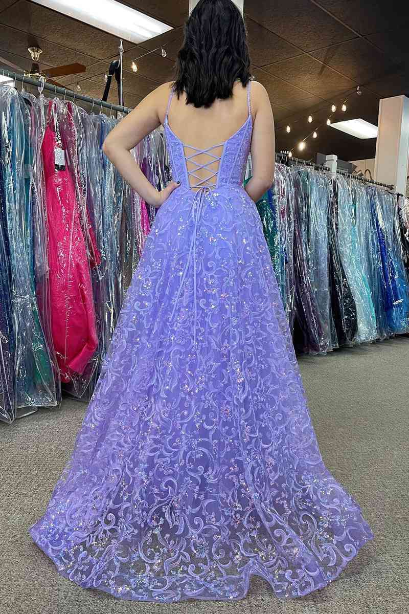 Sweep/Brush Train Dresses Lavender Spaghetti Straps  Embroidery Long Prom Dress