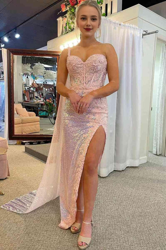 Sweep/Brush Train Dresses One Shoulder Lace Appliques Long Party Dress with Shoulder Cape