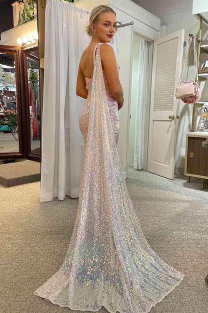 Sweep/Brush Train Dresses One Shoulder Lace Appliques Long Party Dress with Shoulder Cape