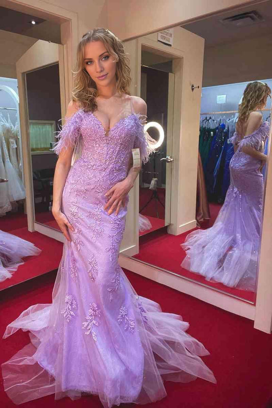Sheath Sweep/Brush Train Dresses Lavender  Cold Shoulder Mermaid Prom Dress