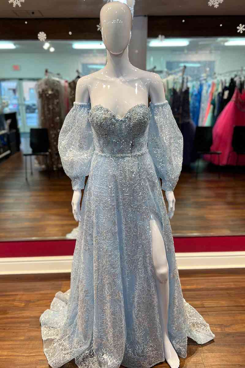 Sweep/Brush Train Dresses Light Blue Glitters A-line Long Formal Dress with Puff Sleeves