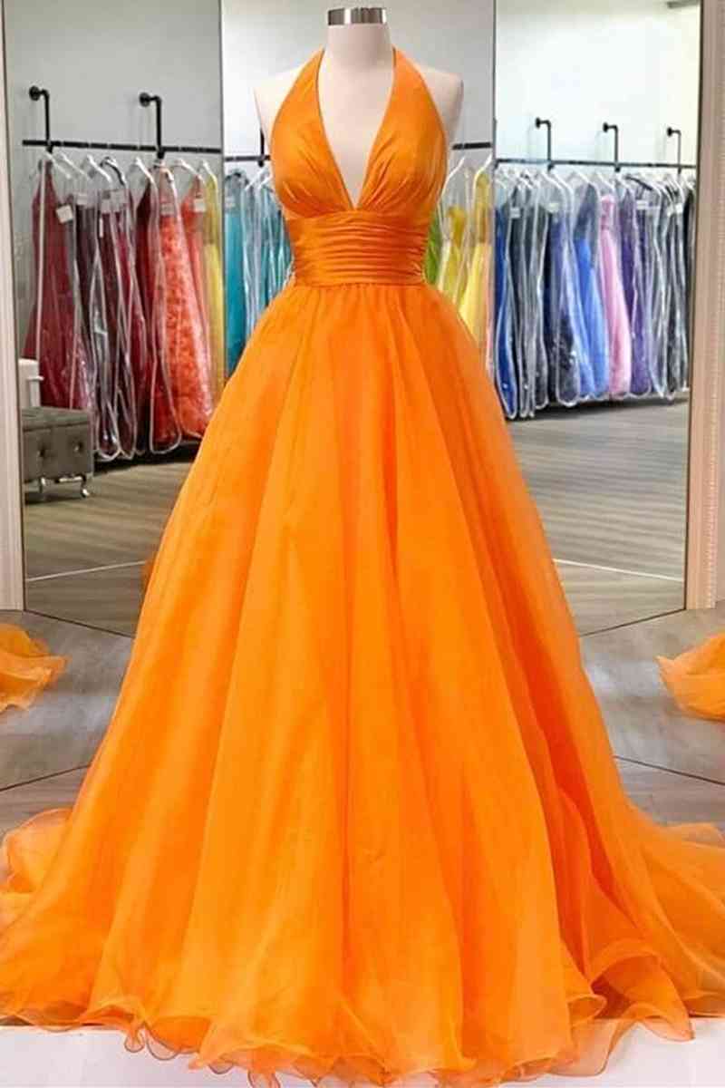 A-Line Sweep/Brush Train Dresses Elegant Orange Halter Neck  Long Party Dress