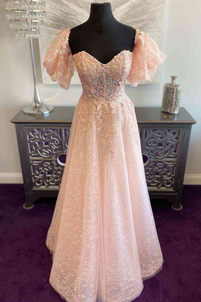 A-line Off The Shoulder V Neck Floor Length Tulle Applique Lace-Up Back Long Prom Dress