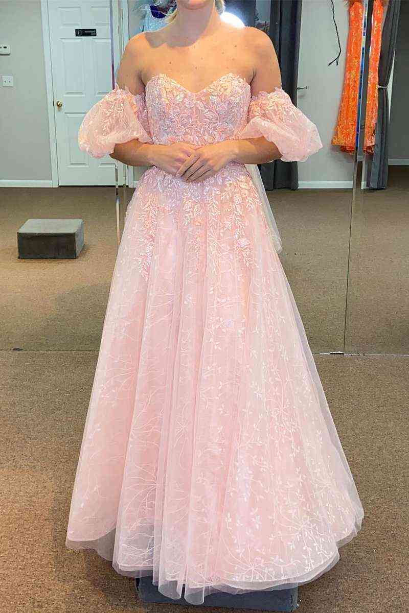 A-line Off The Shoulder V Neck Floor Length Tulle Applique Lace-Up Back Long Prom Dress