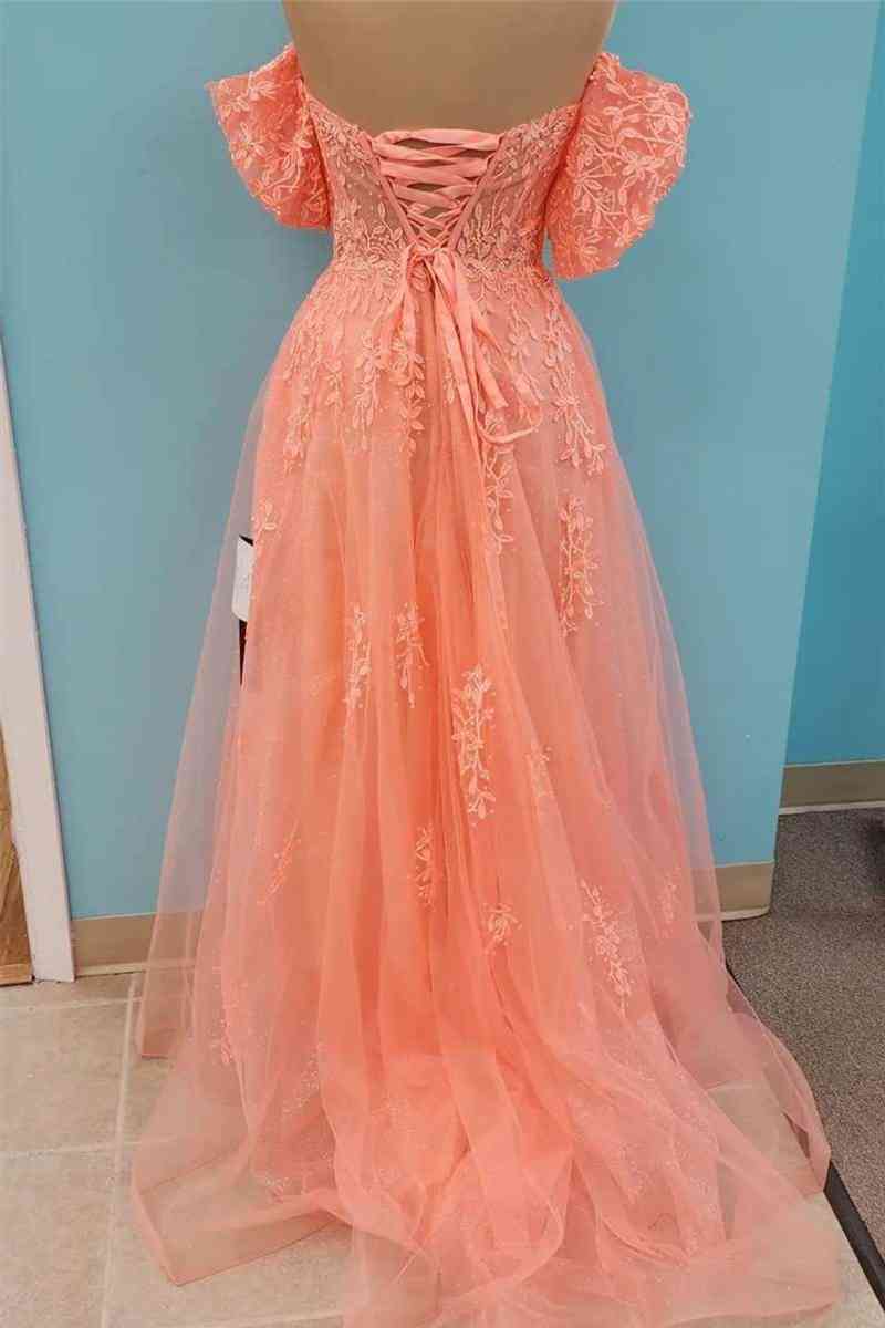A-line Off the Shoulder V Neck Tulle Applique Lace-Up Back Long Prom Dress