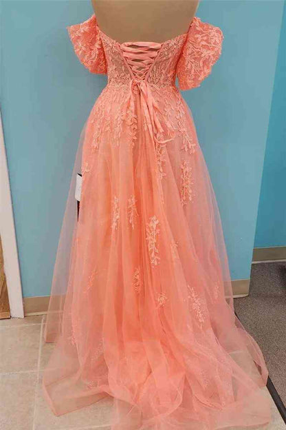 A-line Off the Shoulder V Neck Tulle Applique Lace-Up Back Long Prom Dress