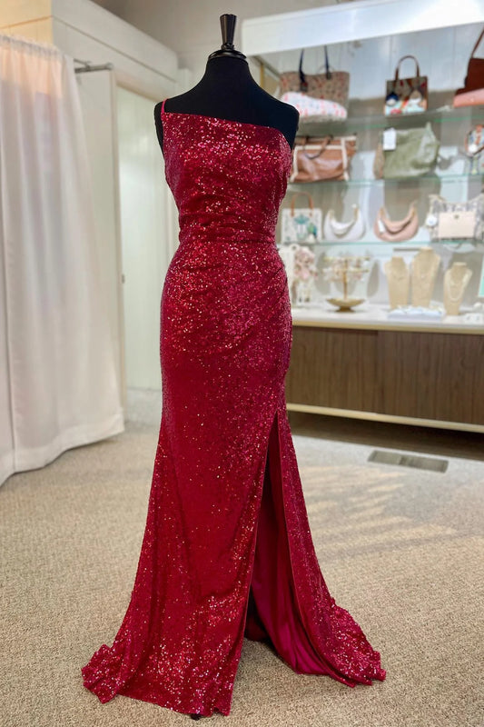 Sheath Mermaid One Shoulder Sweep/Brush Train Dresses Sequins Long Prom Dress with Slit