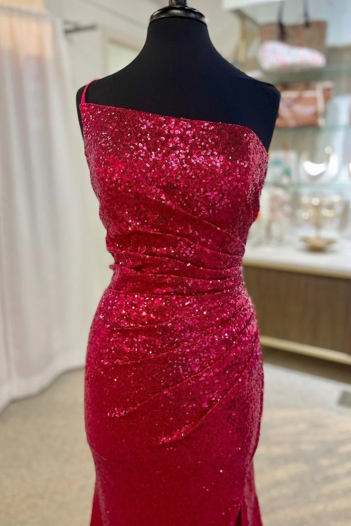 Sheath Mermaid One Shoulder Sweep/Brush Train Dresses Sequins Long Prom Dress with Slit