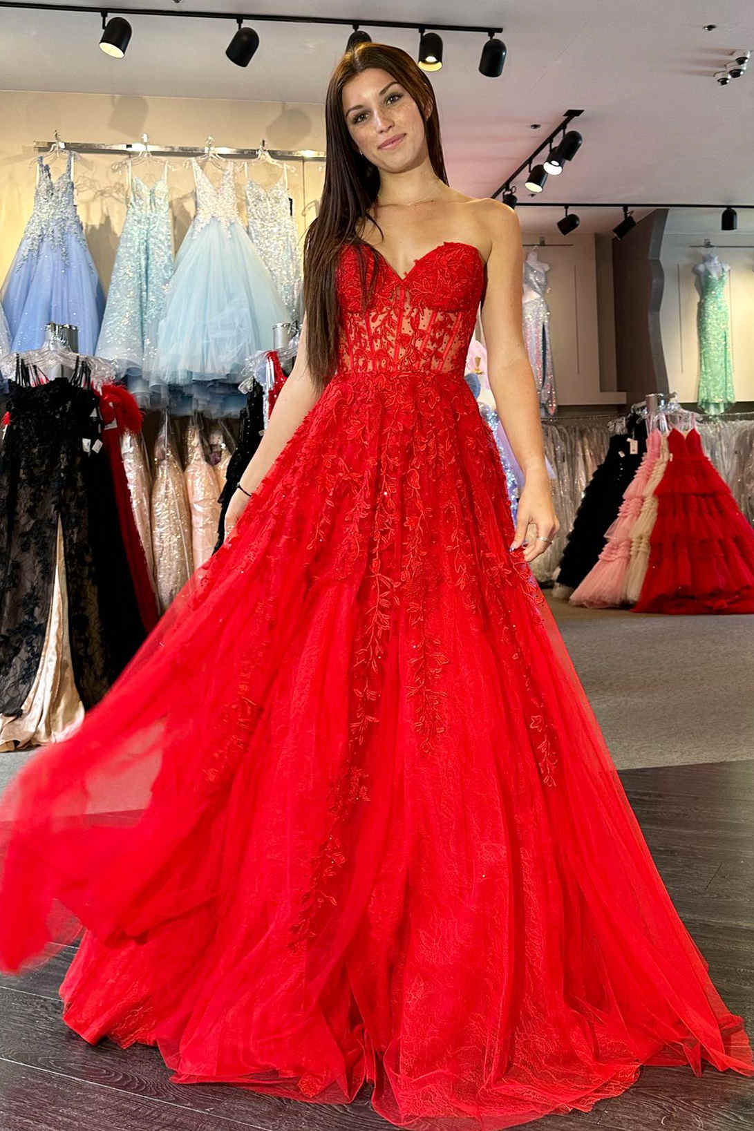 A-Line Sweetheart Red Royal Blue Lavender Lace Corset Long Prom Dress With Appliques