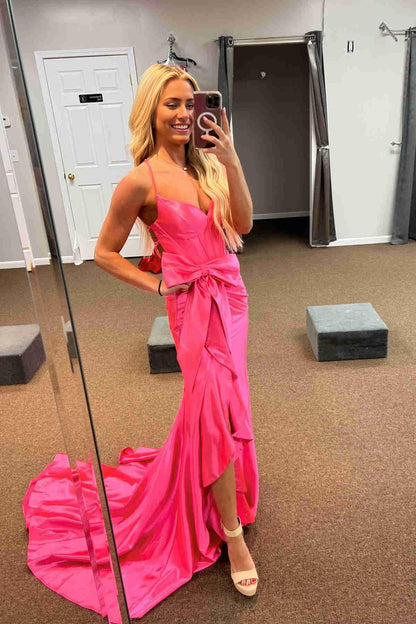 Sheath Mermaid Spaghetti Straps V-Neck Sweep/Brush Train Dresses Satin Prom Dress with Bow