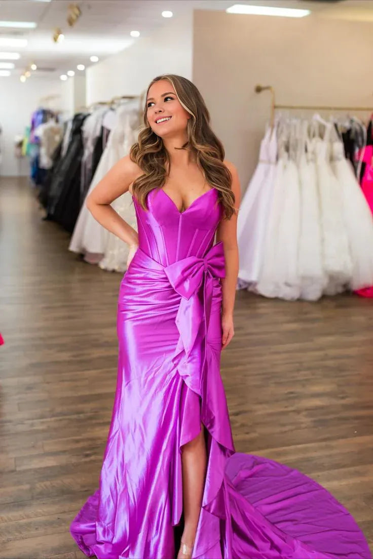 Sheath Mermaid Spaghetti Straps V-Neck Sweep/Brush Train Dresses Satin Prom Dress with Bow