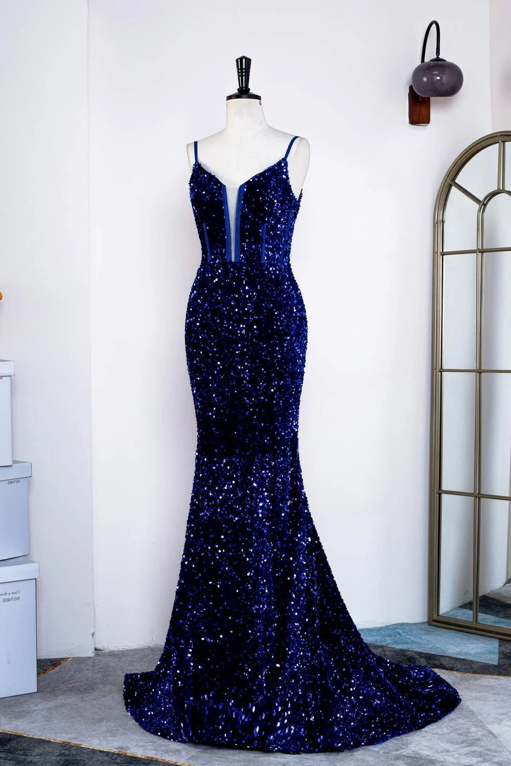 Sheath Mermaid   Sweep/Brush Train Dresses Royal Blue Spaghetti Straps Sequin  Sleek Glitter Sparking Long Prom Dress