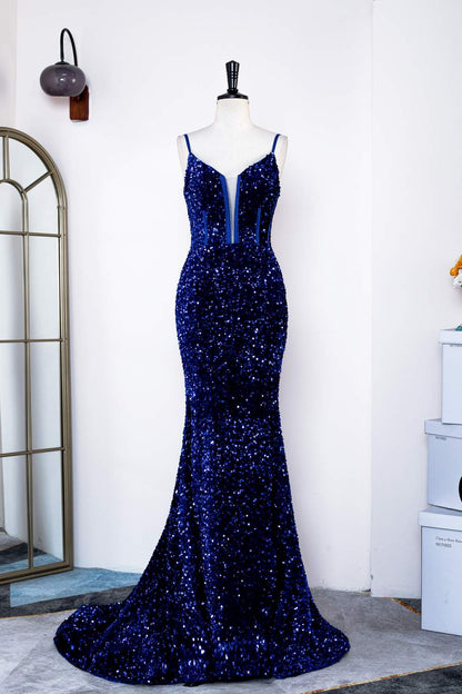 Sheath Mermaid   Sweep/Brush Train Dresses Royal Blue Spaghetti Straps Sequin  Sleek Glitter Sparking Long Prom Dress