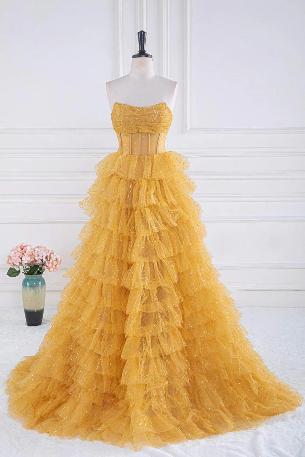 Gold Tiered Sweep/Brush Train Dresses Strapless Layered Long Prom Dress With Sequin Ruffle Beautiful