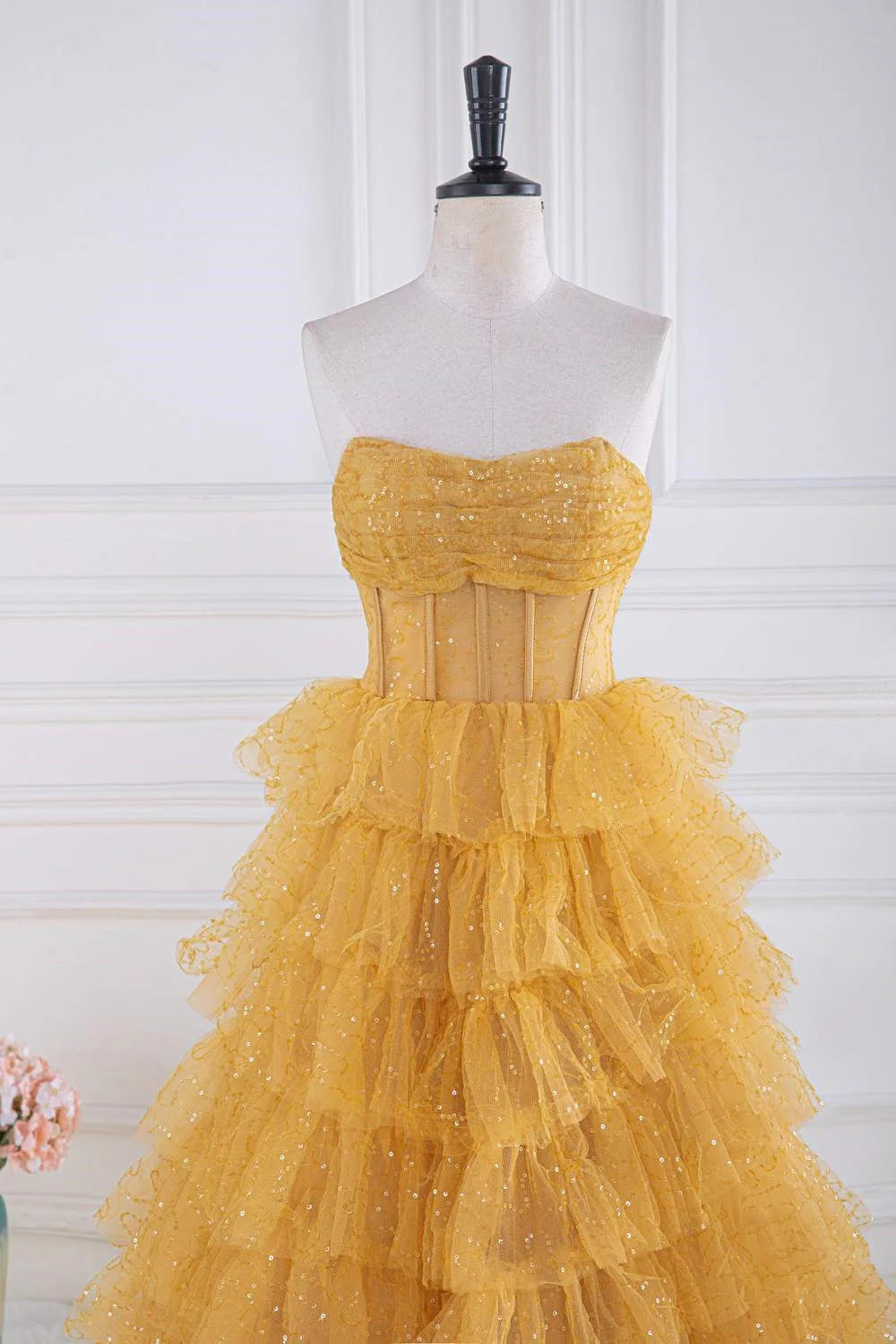Gold Tiered Sweep/Brush Train Dresses Strapless Layered Long Prom Dress With Sequin Ruffle Beautiful